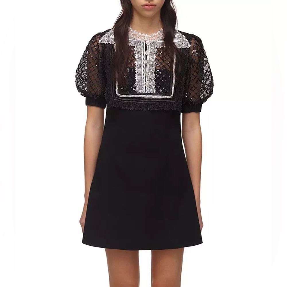 Self portrait polyes mini black dress sequins puff sleeve a-line